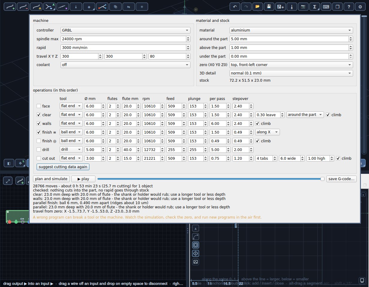 Machining: operations, tools and feeds, the toolpaths simulated on the stock.