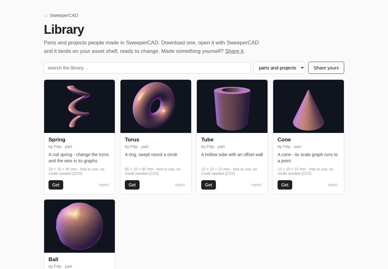 The online library at sweepercad.com/library: free parts, each checked and drawn by the robot.