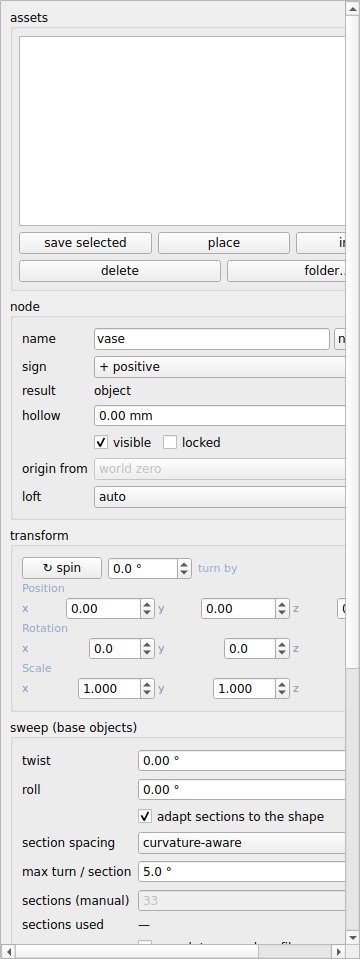 The panel on the left: name, sign, transform and the sweep's own settings.