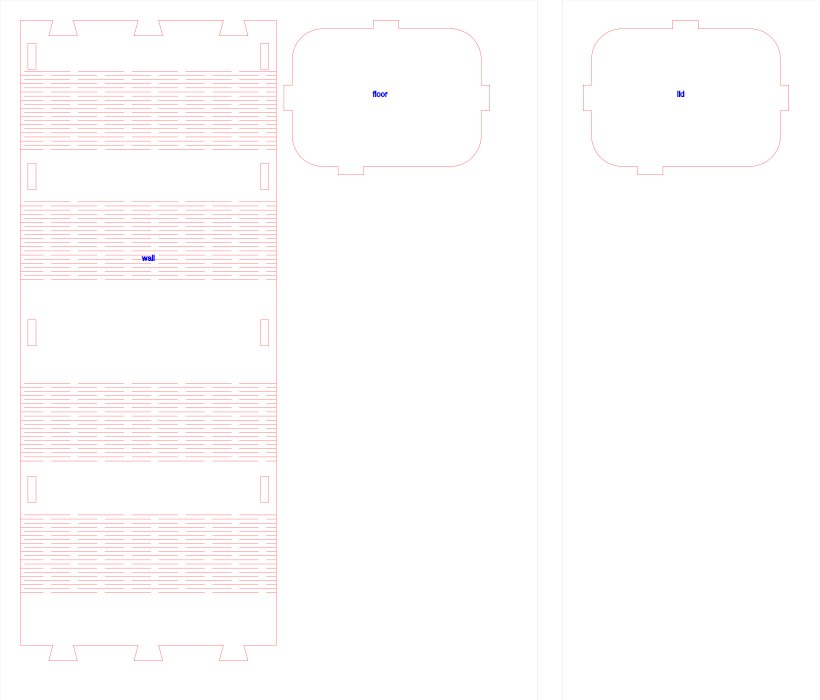 A rounded box: the wall unrolled with a living hinge where it curves.