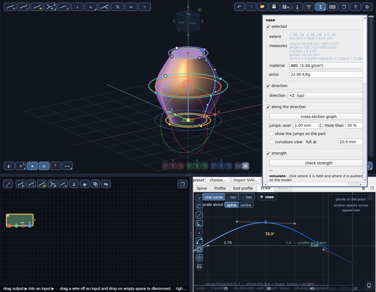 The stats panel (Σ): size, volume, area, weight, and the checks.