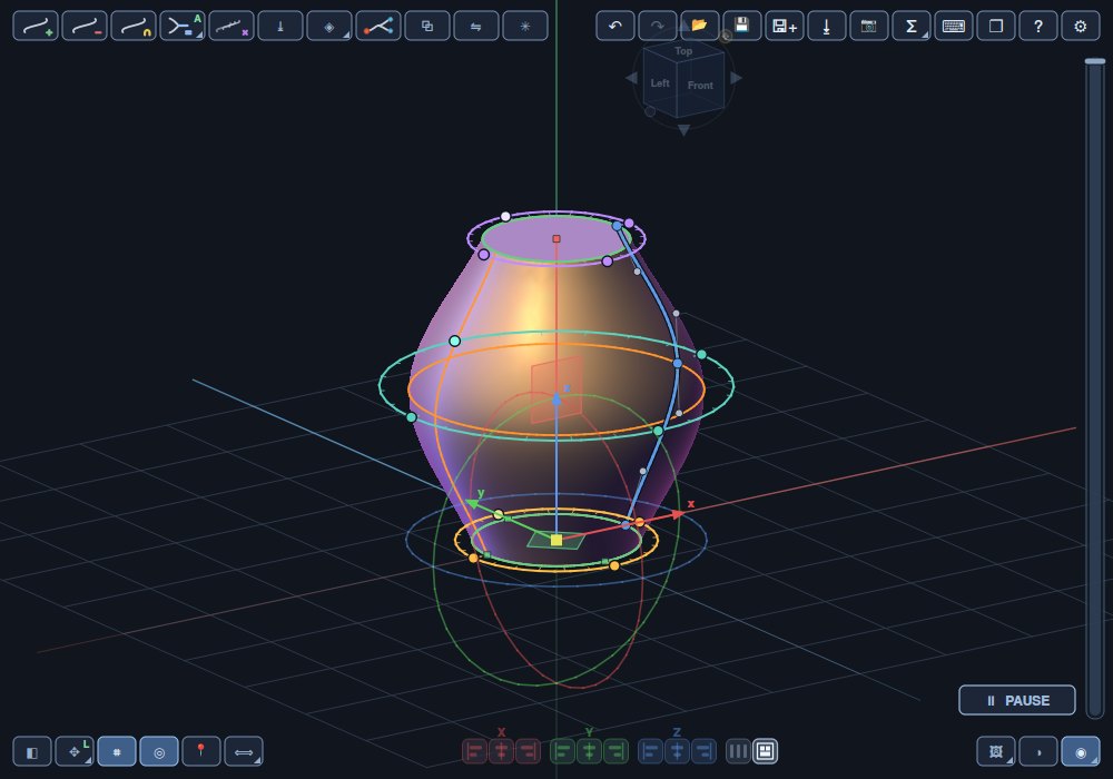 The 3D view: tools along the top, view and alignment rows along the bottom, the view cube top centre.