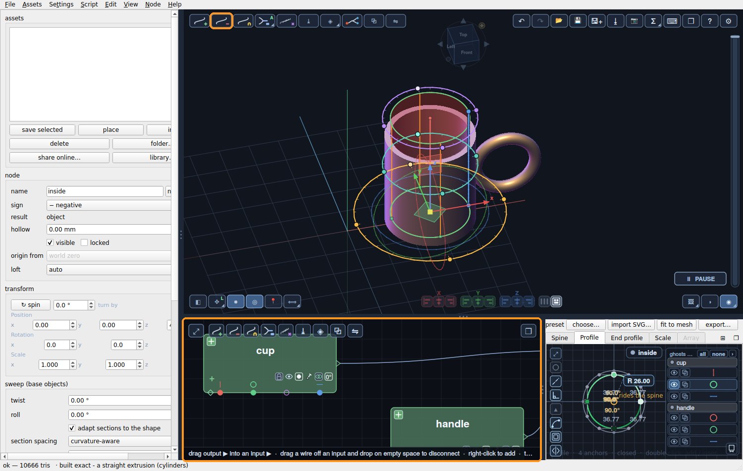 The cup with its handle, hollowed out by a negative object; the node editor shows the red negative node