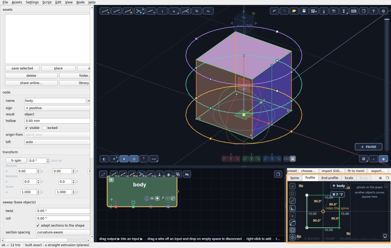 SweeperCAD with its starting object, a square bar, and the graph tabs marked