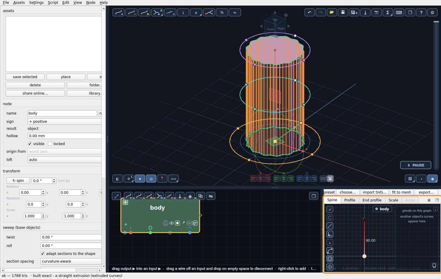 The spine graph with a 90 mm line; the object is now a tall fluted column
