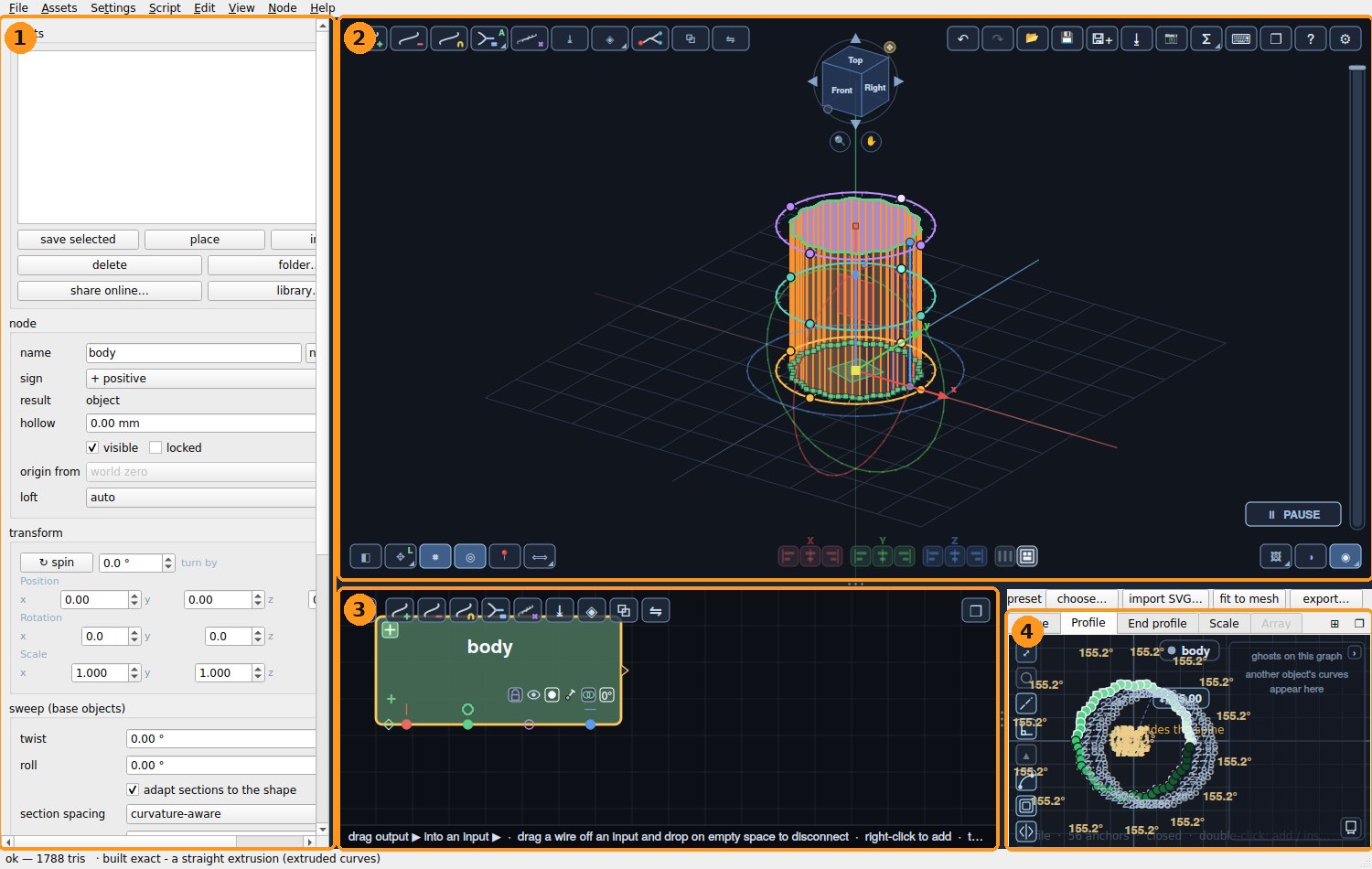 The SweeperCAD window with its four parts numbered: the panel, the 3D view, the node editor and the graphs