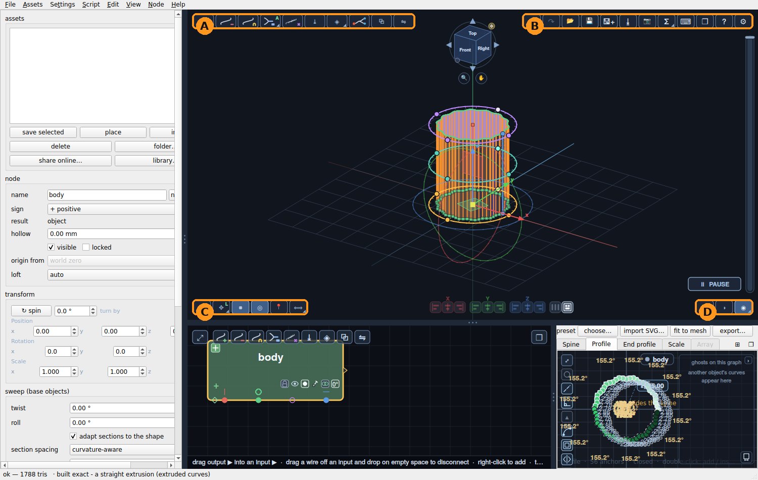 The 3D view with its four icon groups marked A to D