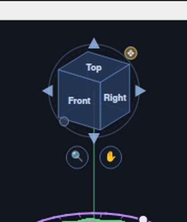The navigator cube with its four arrows, the reset dot, the zoom lens and the pan hand